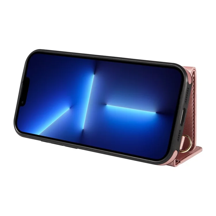 Custodia a tracolla per iPhone 13 Pro, porta carte, supporto, rivestimento in pelle e TPU - Rose Gold