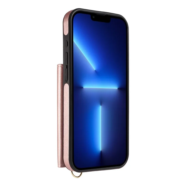 Custodia a tracolla per iPhone 13 Pro, porta carte, supporto, rivestimento in pelle e TPU - Rose Gold