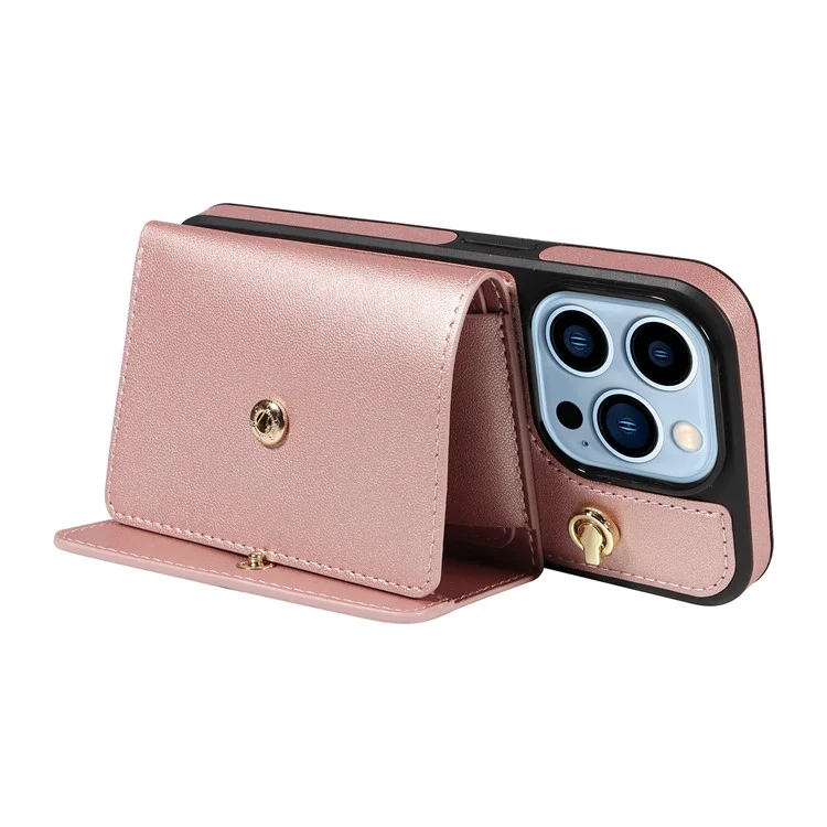 Custodia a tracolla in pelle per iPhone 13 Pro Max con porta carte e supporto - Oro rosa