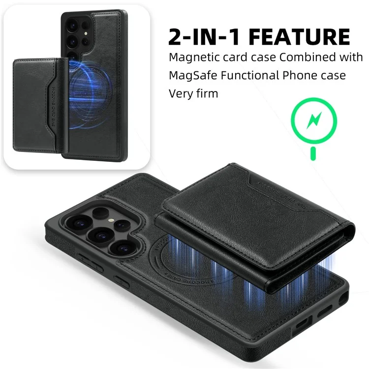 Für Samsung Galaxy S25 Ultra Hülle kompatibel mit MagSafe Leder Rückseite Handyhülle mit abnehmbarer Kartentasche - Titangrau - Schwarz