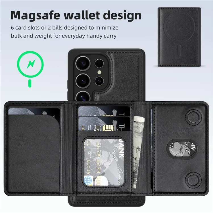 Für Samsung Galaxy S25 Ultra Hülle kompatibel mit MagSafe Leder Rückseite Handyhülle mit abnehmbarer Kartentasche - Titangrau - Schwarz