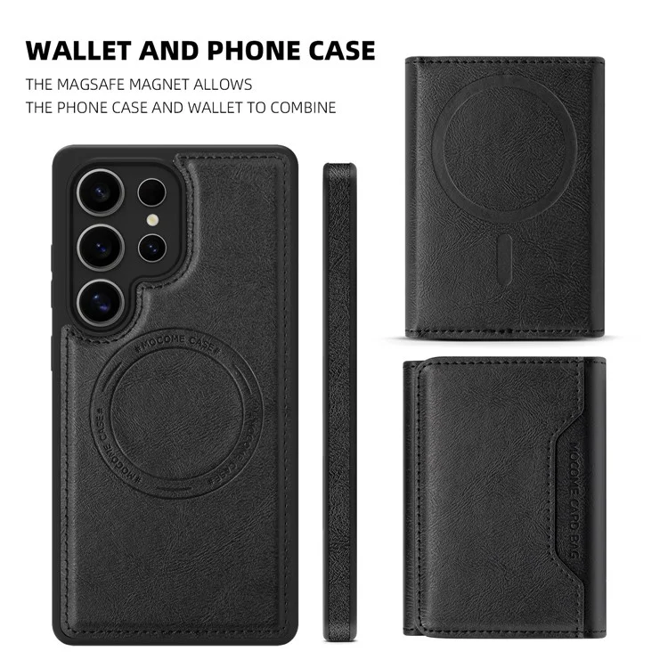 Für Samsung Galaxy S25 Ultra Hülle kompatibel mit MagSafe Leder Rückseite Handyhülle mit abnehmbarer Kartentasche - Titangrau - Schwarz