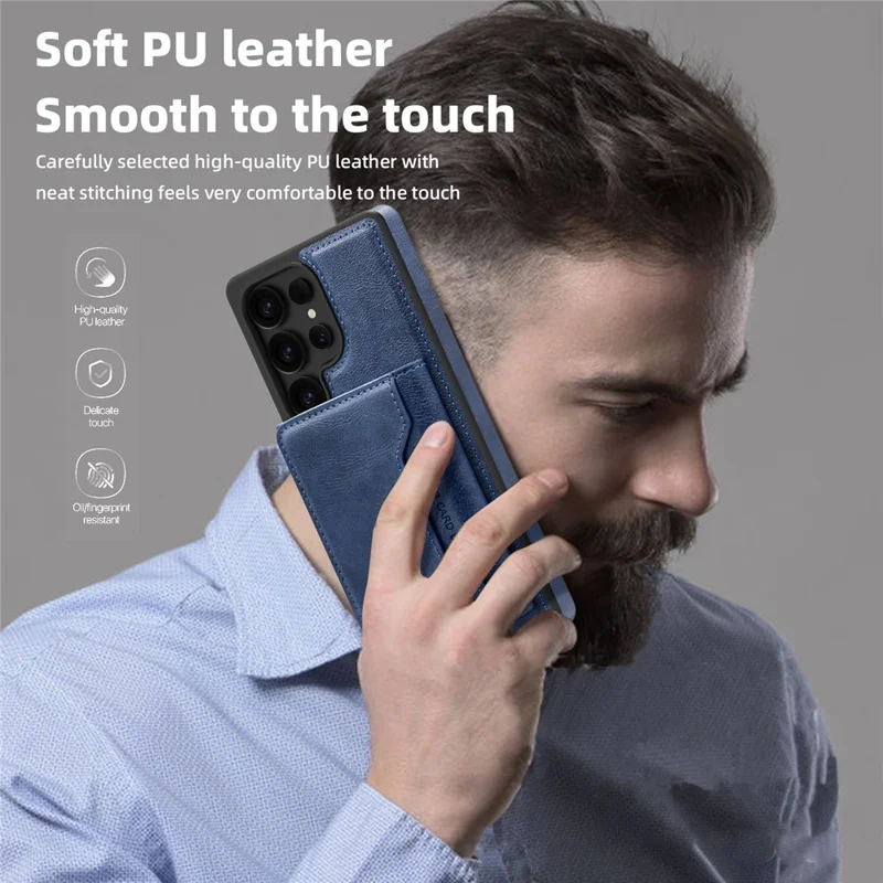 For Samsung Galaxy S25 Ultra Magnetic Case Leather Back Phone Cover with Detachable Card Bag - Sapphire