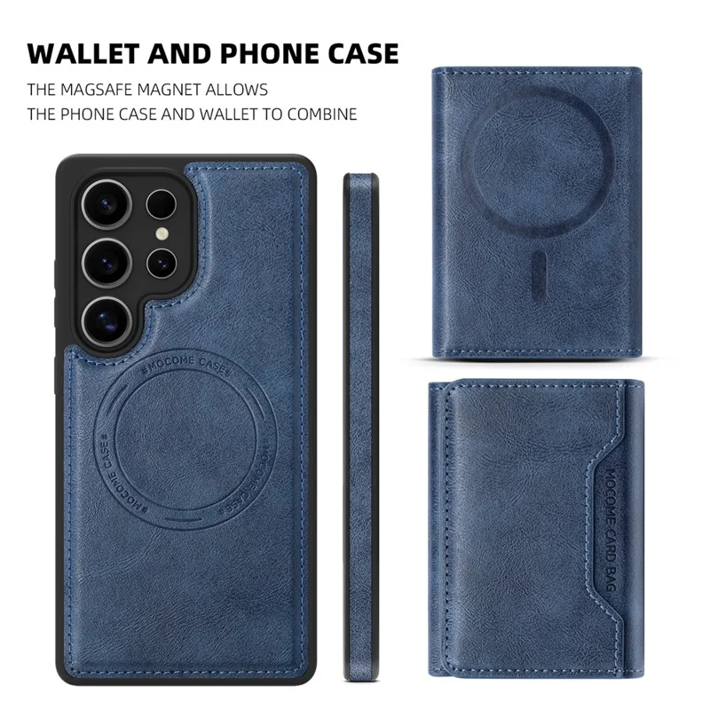 For Samsung Galaxy S25 Ultra Magnetic Case Leather Back Phone Cover with Detachable Card Bag - Sapphire