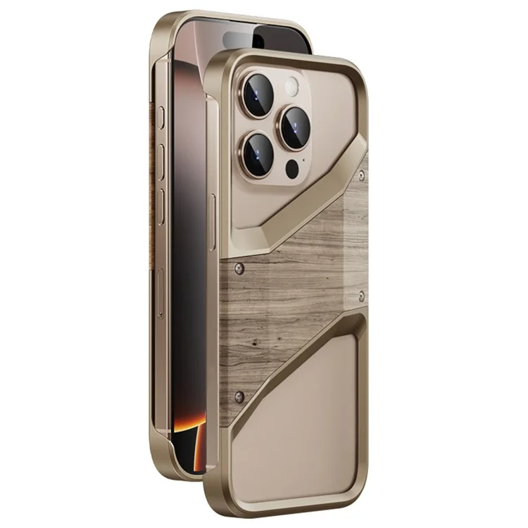 Custodia paraurti per iPhone 15 Pro Max in lega di alluminio e legno, senza cornice, con dissipazione del calore - Oro deserto