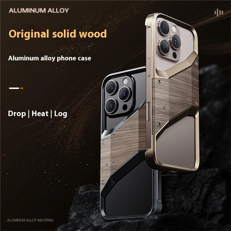 Custodia paraurti per iPhone 15 Pro Max in lega di alluminio e legno, senza cornice, con dissipazione del calore - Oro deserto