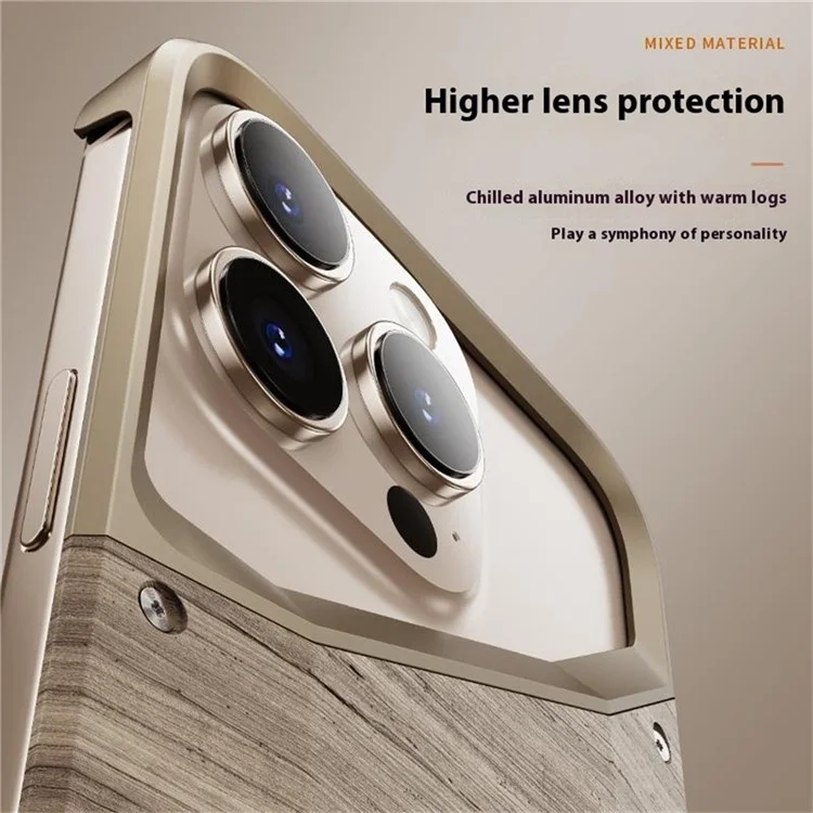 Custodia paraurti per iPhone 15 Pro Max in lega di alluminio e legno, senza cornice, con dissipazione del calore - Oro deserto