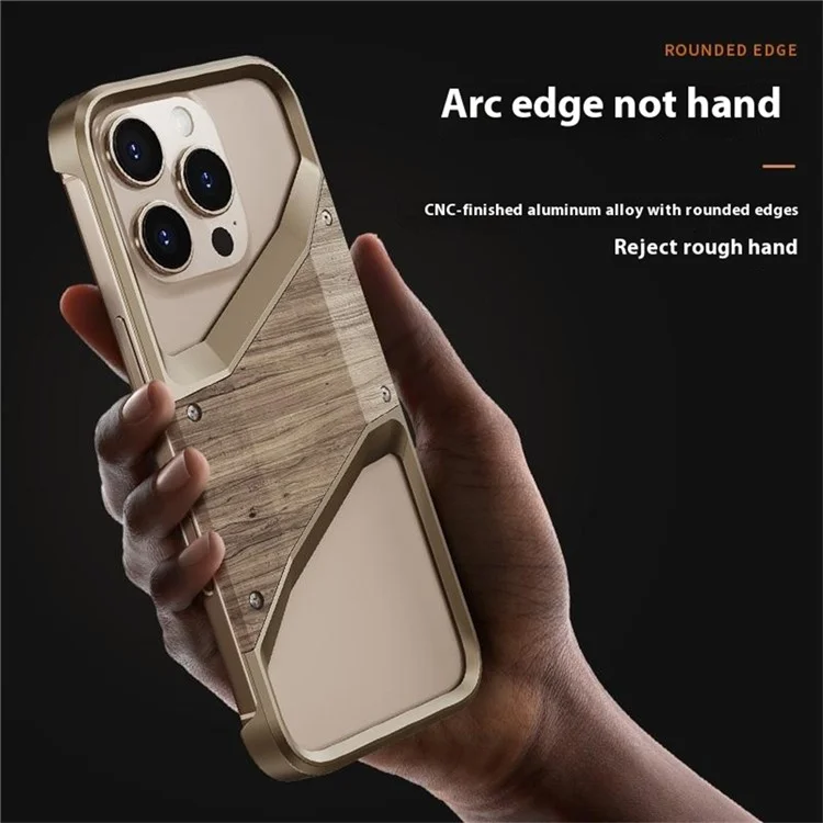 Custodia paraurti per iPhone 15 Pro Max in lega di alluminio e legno, senza cornice, con dissipazione del calore - Oro deserto