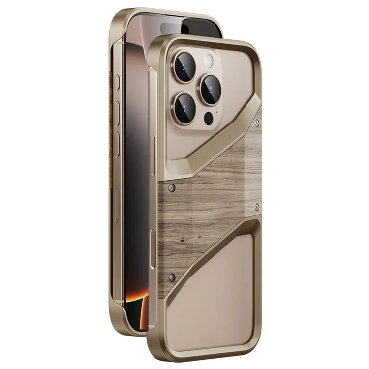 Capa de para iPhone 16 Pro Max de liga de alumínio e madeira, sem moldura, com dissipação de calor - Desert Gold