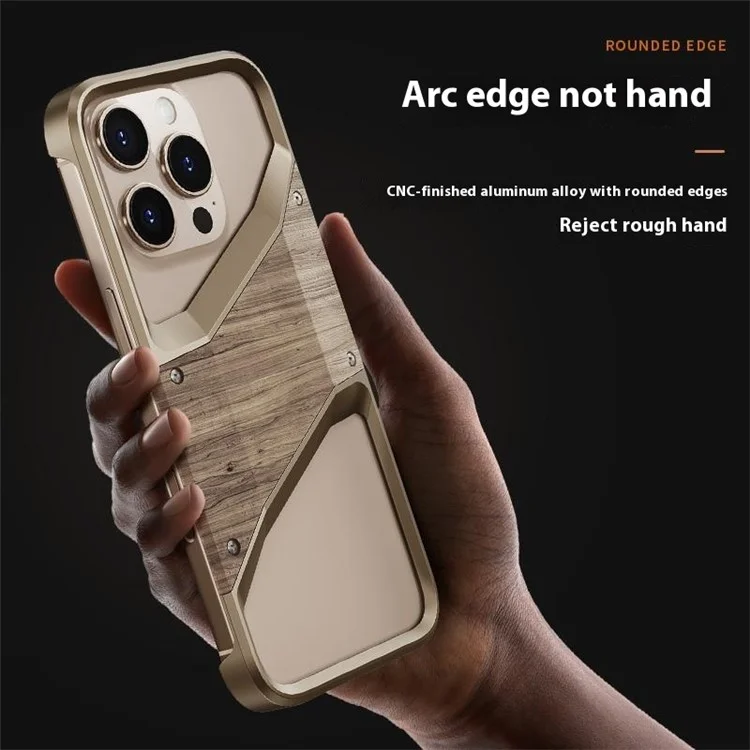 Capa de para iPhone 16 Pro Max de liga de alumínio e madeira, sem moldura, com dissipação de calor - Desert Gold