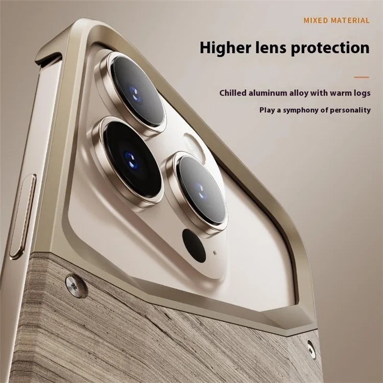 Capa de para iPhone 16 Pro Max de liga de alumínio e madeira, sem moldura, com dissipação de calor - Desert Gold