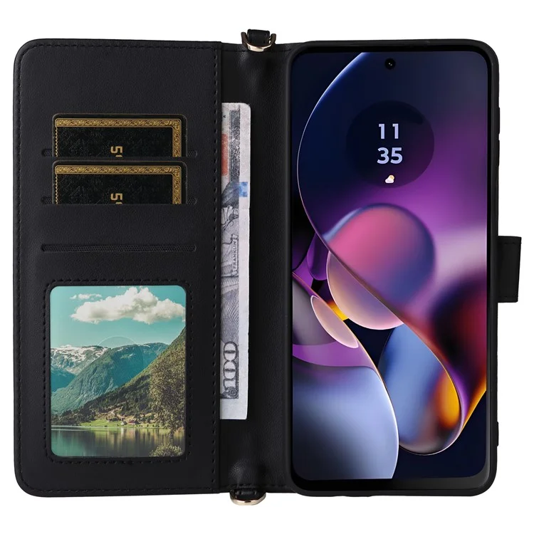 Geldbörse Handyhülle für Motorola Moto G64y 5G / G64 5G / G54 Power 5G / G54 5G Lederabdeckung mit Schulterriemen - Schwarz