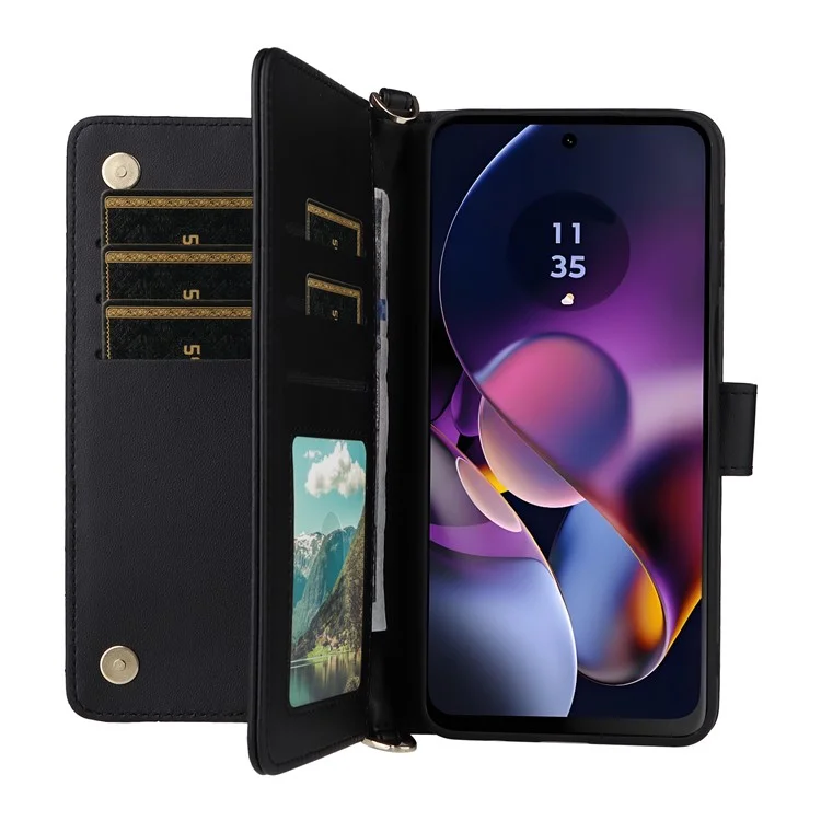 Geldbörse Handyhülle für Motorola Moto G64y 5G / G64 5G / G54 Power 5G / G54 5G Lederabdeckung mit Schulterriemen - Schwarz