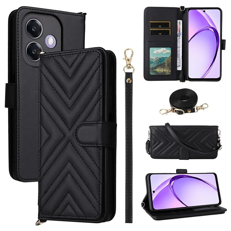 Brieftasche Handyhülle für Oppo A3x 4G / 5G (Indien) / A3 4G / 5G / A40 4G / A40M 4G / A60 5G / A3i 5G Ledercover mit Schultergurt - Schwarz