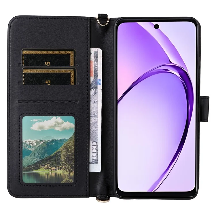 Brieftasche Handyhülle für Oppo A3x 4G / 5G (Indien) / A3 4G / 5G / A40 4G / A40M 4G / A60 5G / A3i 5G Ledercover mit Schultergurt - Schwarz