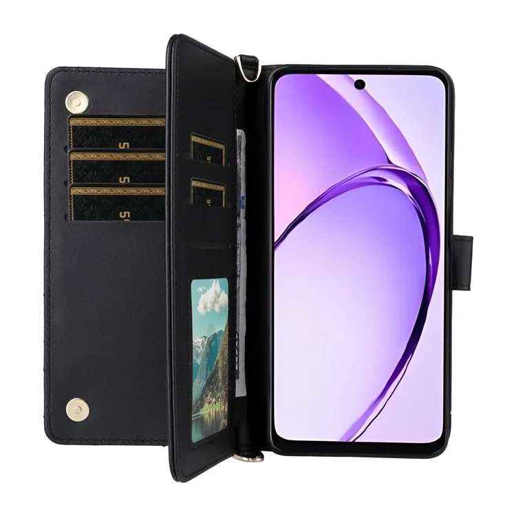 Brieftasche Handyhülle für Oppo A3x 4G / 5G (Indien) / A3 4G / 5G / A40 4G / A40M 4G / A60 5G / A3i 5G Ledercover mit Schultergurt - Schwarz