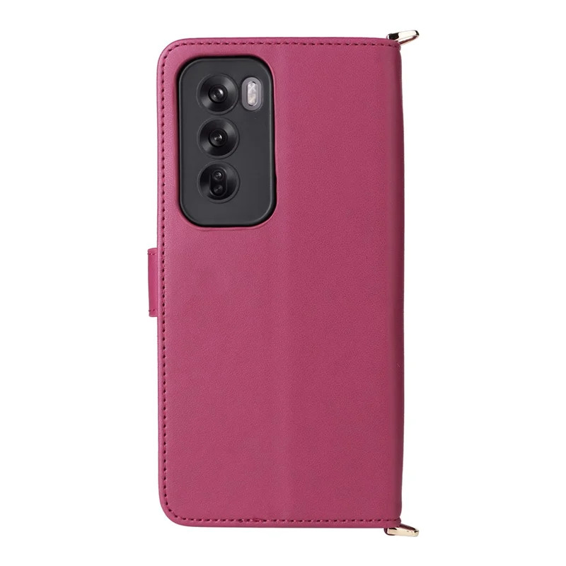 For Oppo Reno12 5G (Global) Wallet Case with Shoulder / Wrist Strap Leather Phone Cover Stand - Rose