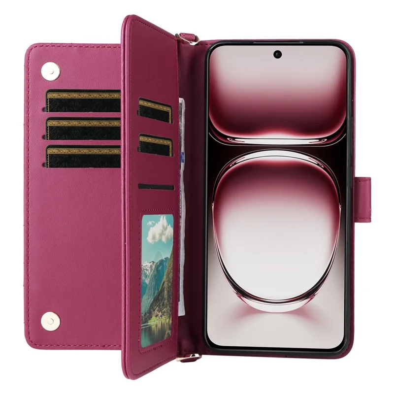 For Oppo Reno12 5G (Global) Wallet Case with Shoulder / Wrist Strap Leather Phone Cover Stand - Rose