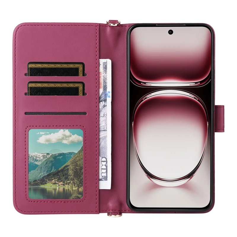 For Oppo Reno12 5G (Global) Wallet Case with Shoulder / Wrist Strap Leather Phone Cover Stand - Rose