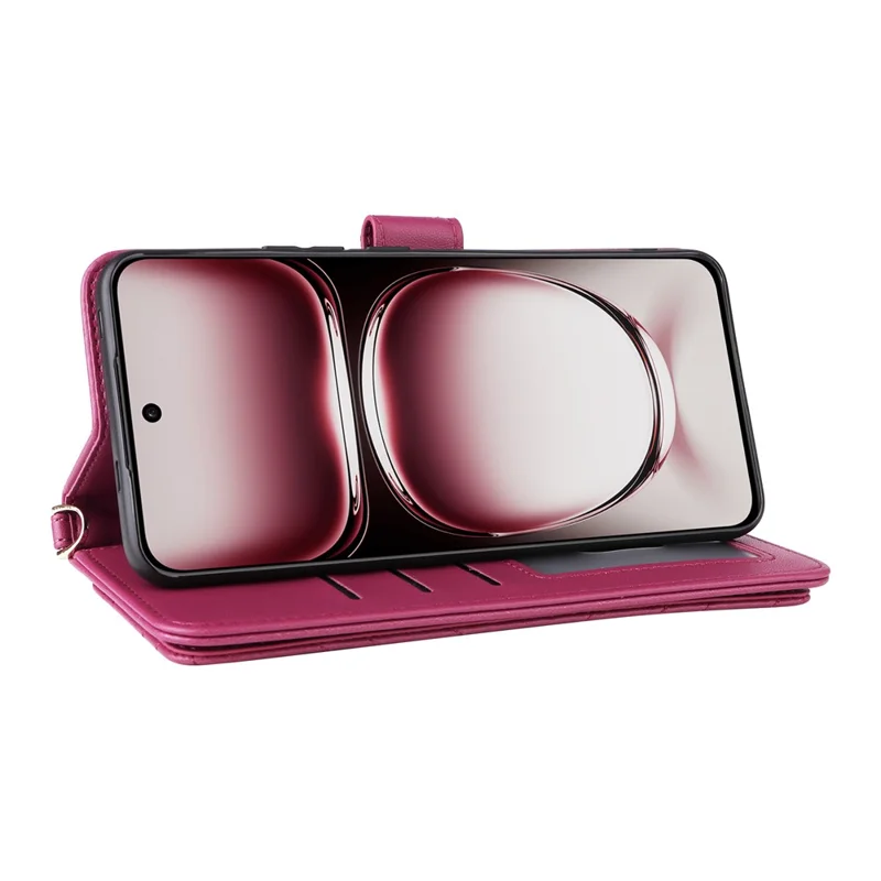 For Oppo Reno12 5G (Global) Wallet Case with Shoulder / Wrist Strap Leather Phone Cover Stand - Rose
