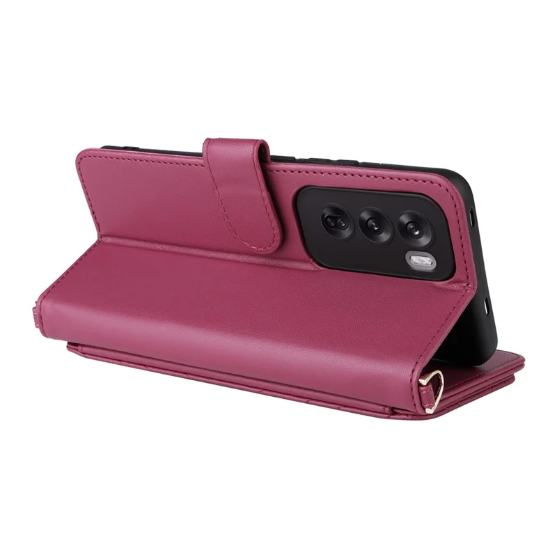 For Oppo Reno12 5G (Global) Wallet Case with Shoulder / Wrist Strap Leather Phone Cover Stand - Rose