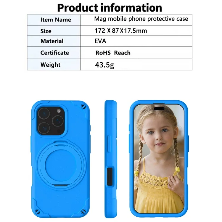 Funda para iPhone 16 Pro compatible con MagSafe, de EVA y aleación de aluminio con soporte, estilo Mcg, cubierta protectora - Azul