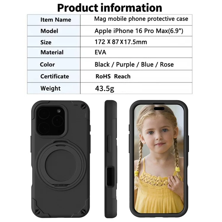 Funda para iPhone 16 Pro Max compatible con MagSafe, de EVA + aleación de aluminio con soporte, estilo Mcg, cubierta protectora - Negro
