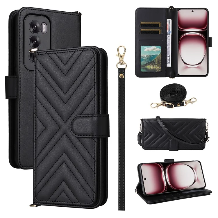 Für Oppo Reno12 Pro 5G (Global) Brieftasche Hülle mit Schultergurt Leder Handyhülle - Schwarz