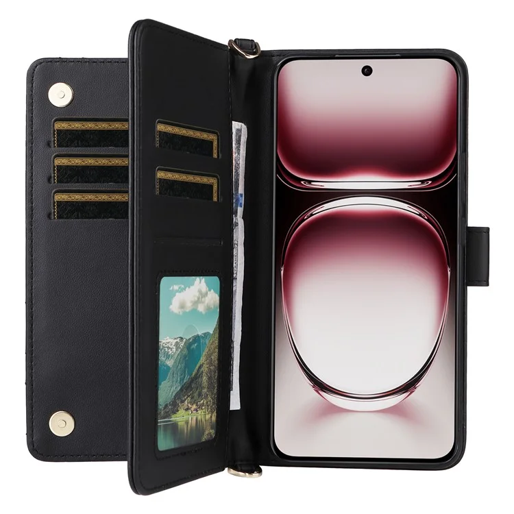 Für Oppo Reno12 Pro 5G (Global) Brieftasche Hülle mit Schultergurt Leder Handyhülle - Schwarz