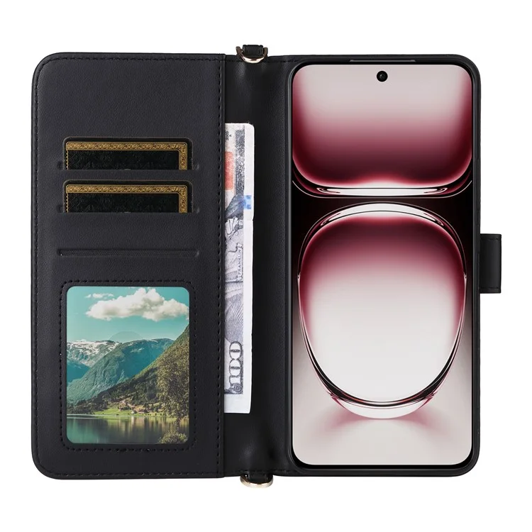 Für Oppo Reno12 Pro 5G (Global) Brieftasche Hülle mit Schultergurt Leder Handyhülle - Schwarz