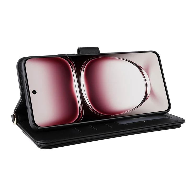 Für Oppo Reno12 Pro 5G (Global) Brieftasche Hülle mit Schultergurt Leder Handyhülle - Schwarz
