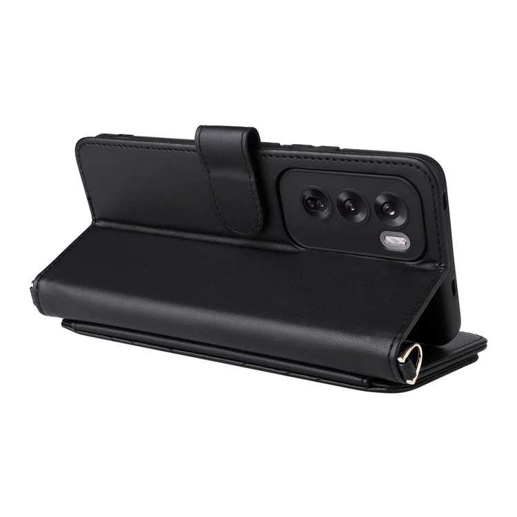 Für Oppo Reno12 Pro 5G (Global) Brieftasche Hülle mit Schultergurt Leder Handyhülle - Schwarz