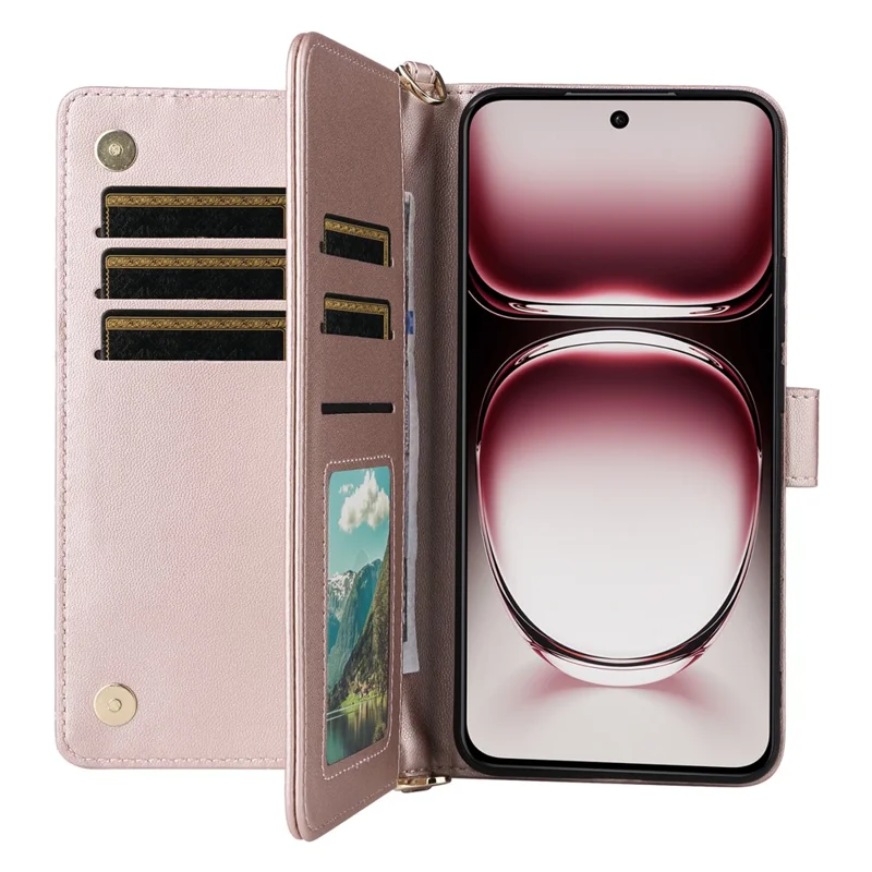 For Oppo Reno12 Pro 5G (Global) Wallet Case with Shoulder / Wrist Strap Leather Phone Cover Stand - Pink
