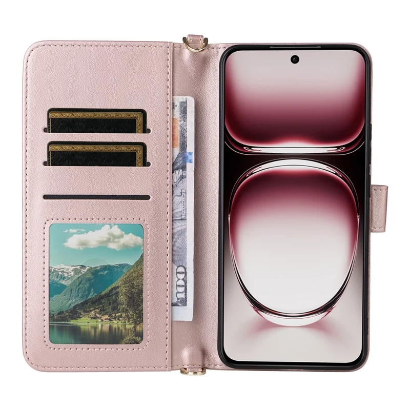 For Oppo Reno12 Pro 5G (Global) Wallet Case with Shoulder / Wrist Strap Leather Phone Cover Stand - Pink