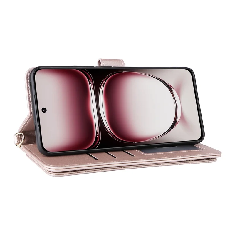 For Oppo Reno12 Pro 5G (Global) Wallet Case with Shoulder / Wrist Strap Leather Phone Cover Stand - Pink