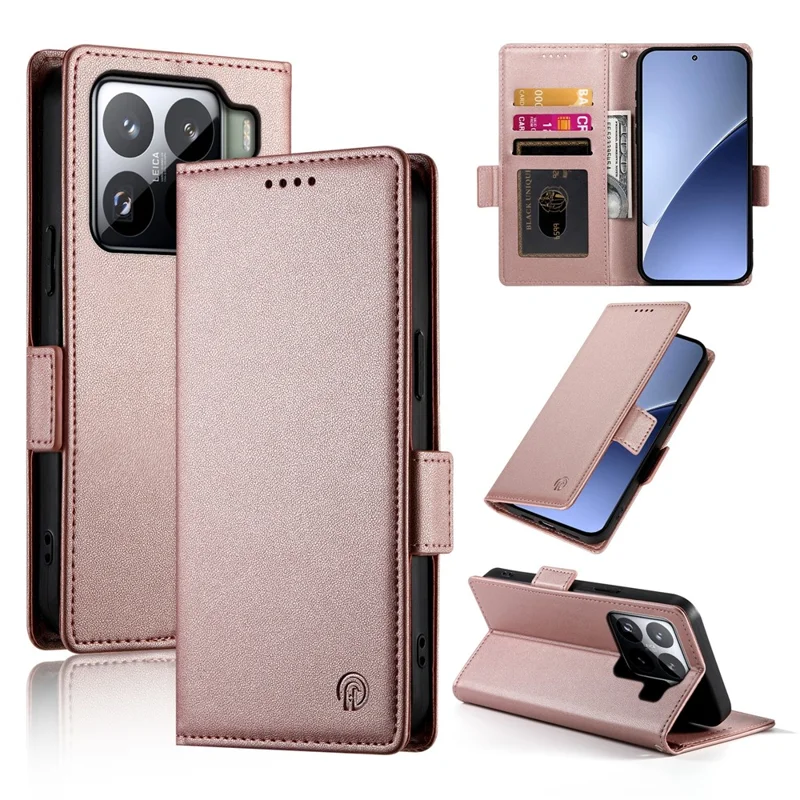 DF-010 For Xiaomi 15 Pro Stand Case PU Leather Wallet Phone Cover - Rose Gold