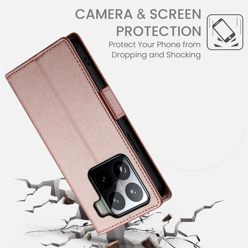 DF-010 For Xiaomi 15 Pro Stand Case PU Leather Wallet Phone Cover - Rose Gold