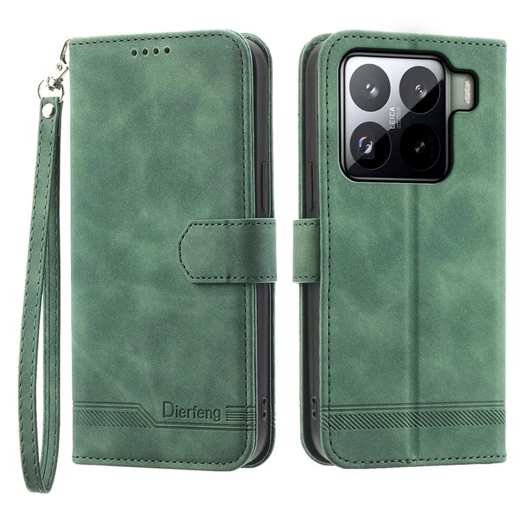 DIERFENG DF-03 Étui en cuir pour Xiaomi 15 Pro avec motif de lignes, étui portefeuille pour téléphone - Vert