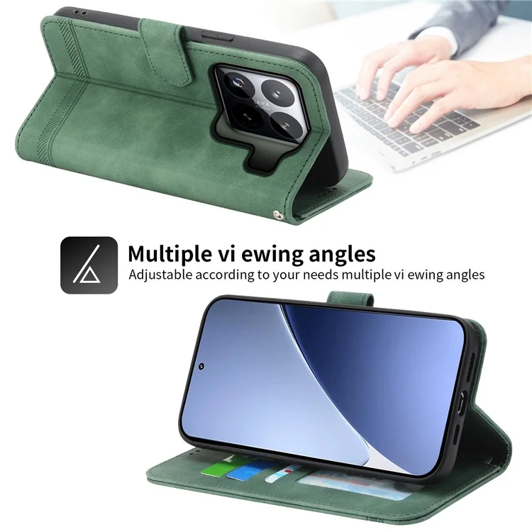 DIERFENG DF-03 Étui en cuir pour Xiaomi 15 Pro avec motif de lignes, étui portefeuille pour téléphone - Vert