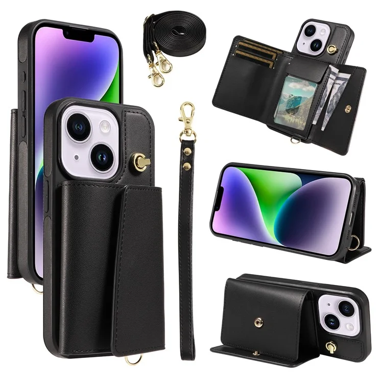 Capa de telefone crossbody com porta-cartões e suporte para iPhone 15 Plus / 14 Plus - Revestida em couro e TPU - Preta