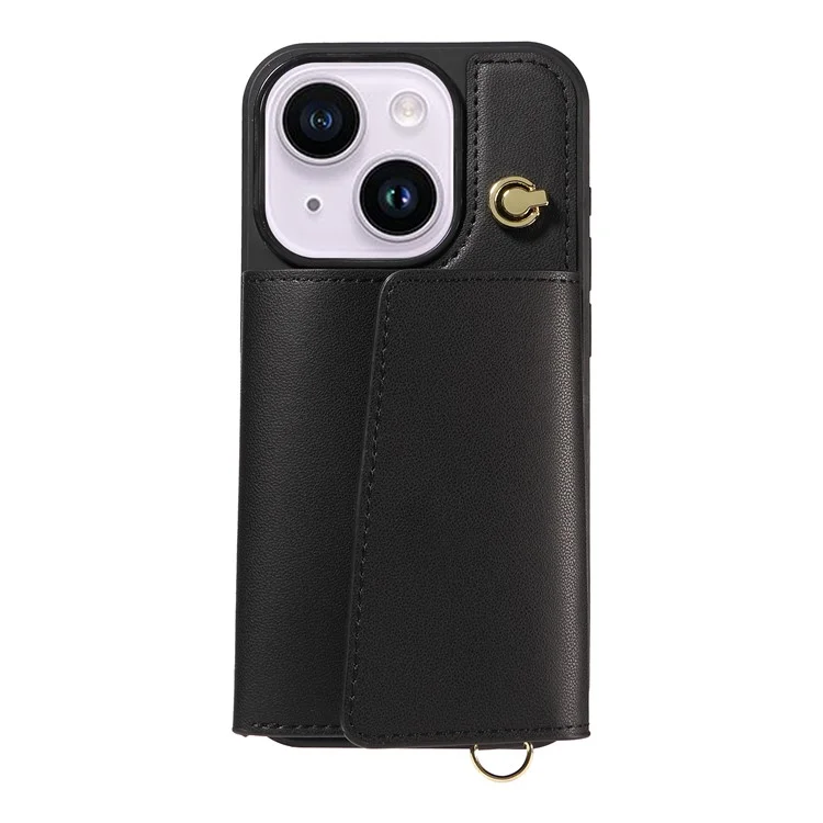 Capa de telefone crossbody com porta-cartões e suporte para iPhone 15 Plus / 14 Plus - Revestida em couro e TPU - Preta
