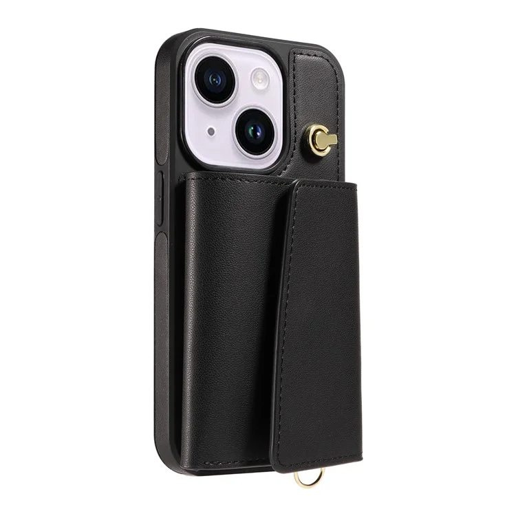 Capa de telefone crossbody com porta-cartões e suporte para iPhone 15 Plus / 14 Plus - Revestida em couro e TPU - Preta