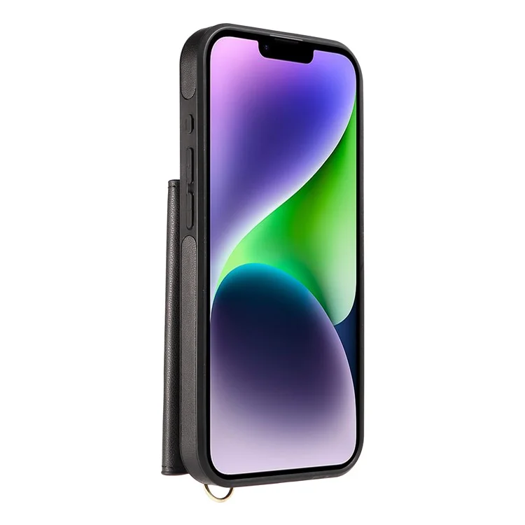 Capa de telefone crossbody com porta-cartões e suporte para iPhone 15 Plus / 14 Plus - Revestida em couro e TPU - Preta