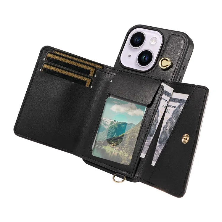 Capa de telefone crossbody com porta-cartões e suporte para iPhone 15 Plus / 14 Plus - Revestida em couro e TPU - Preta