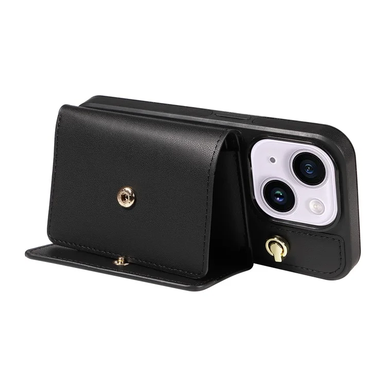 Capa de telefone crossbody com porta-cartões e suporte para iPhone 15 Plus / 14 Plus - Revestida em couro e TPU - Preta