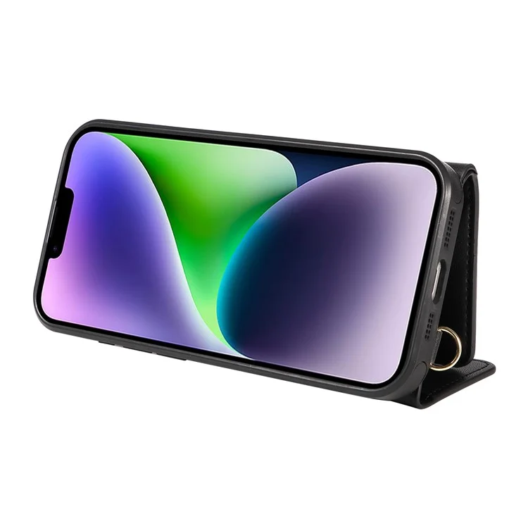 Capa de telefone crossbody com porta-cartões e suporte para iPhone 15 Plus / 14 Plus - Revestida em couro e TPU - Preta