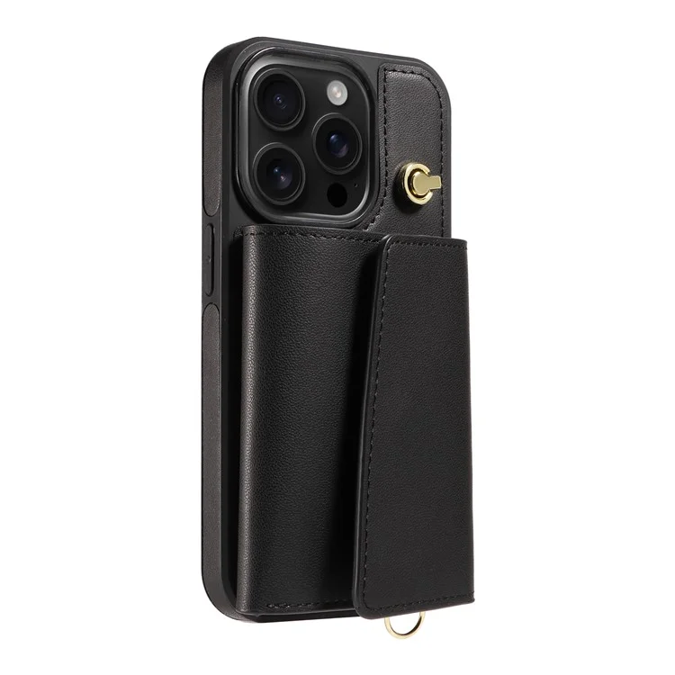 For iPhone 16 Pro Crossbody Phone Case Card Holder Kickstand Leather Coated TPU Mobile Cover - Black
