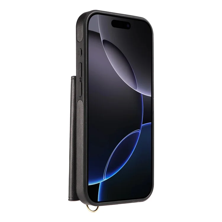For iPhone 16 Pro Crossbody Phone Case Card Holder Kickstand Leather Coated TPU Mobile Cover - Black