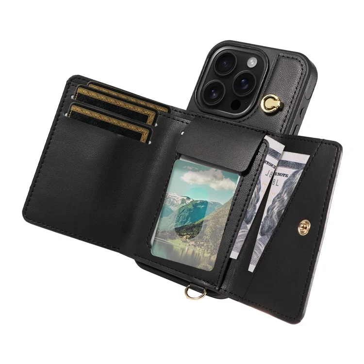 For iPhone 16 Pro Crossbody Phone Case Card Holder Kickstand Leather Coated TPU Mobile Cover - Black