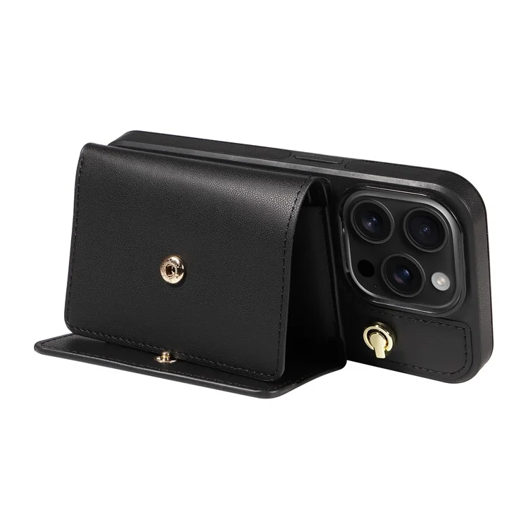 For iPhone 16 Pro Crossbody Phone Case Card Holder Kickstand Leather Coated TPU Mobile Cover - Black